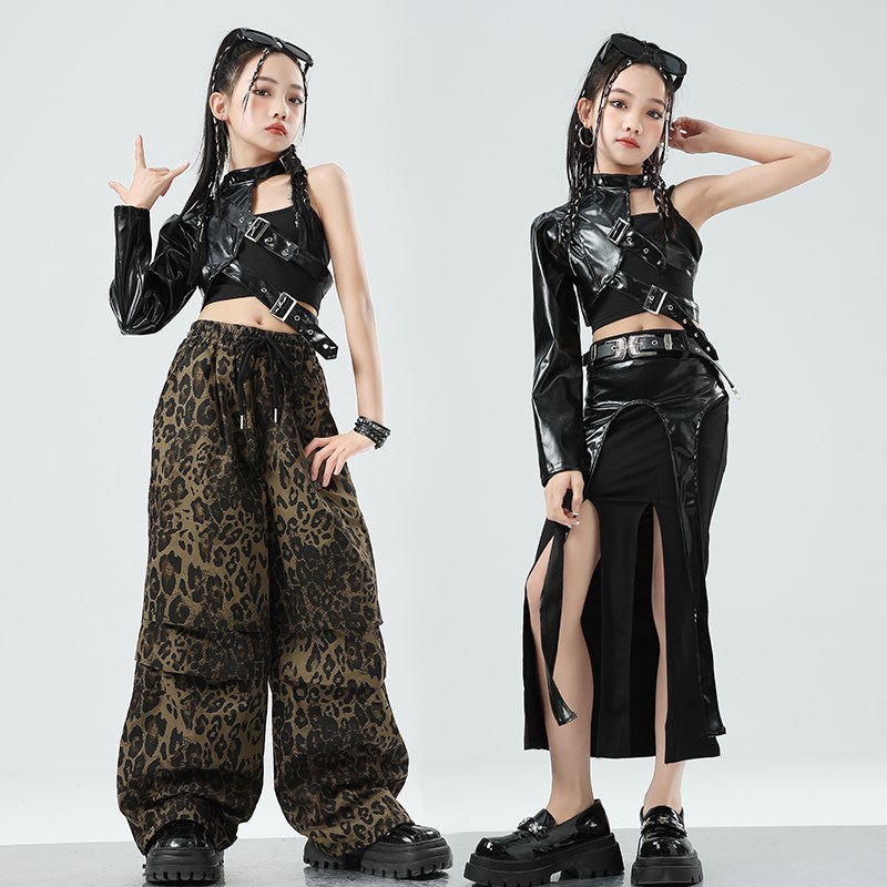 女童潮酷爵士舞演出服个性儿童街舞模特tH台走秀套装jazz露脐皮衣