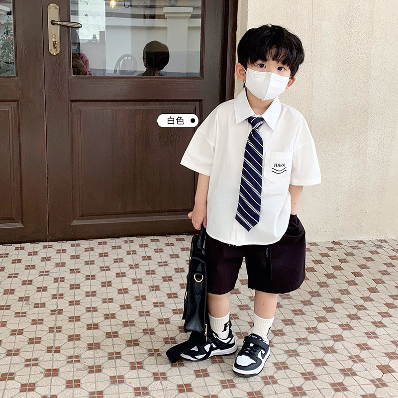 男童短袖衬衫h套装痞帅儿童韩版夏季衬衣男孩上衣宝宝花童生日礼