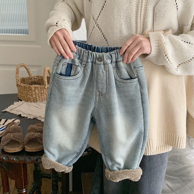 男童加绒牛仔裤2024冬季新款小童羊羔绒保M暖裤子儿童柔软浅色长