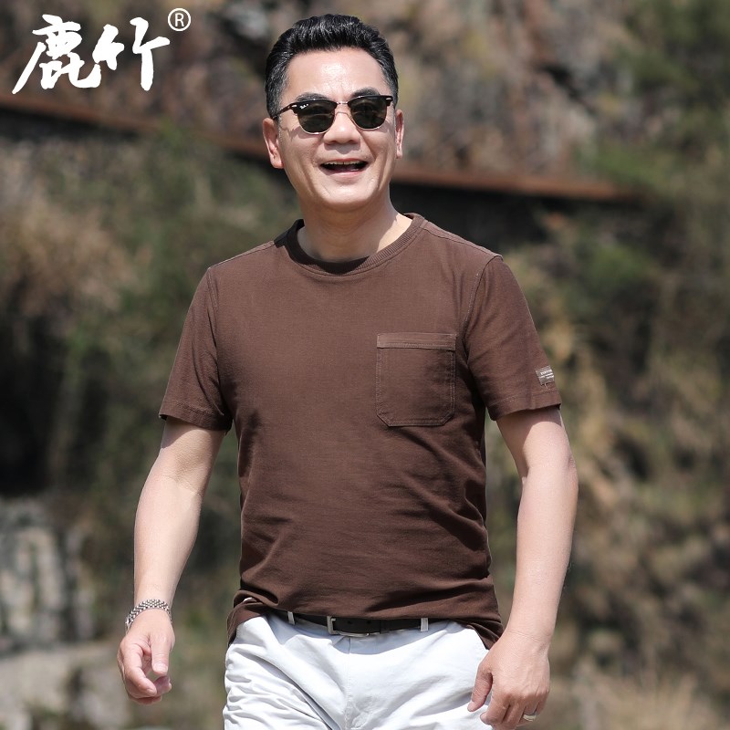 爸爸夏装短袖t恤中老年男装圆领纯色汗衫中年V男士夏季上衣服