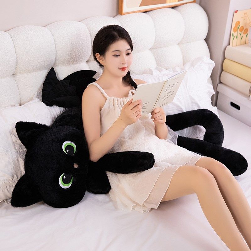 可爱黑色猫咪玩偶毛绒玩具睡觉抱枕床上夹M腿长条枕陪睡布娃娃公