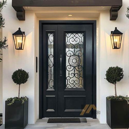 铸铝别墅大门双门法式入户子母玻璃对开 农村自建房进户木纹定制