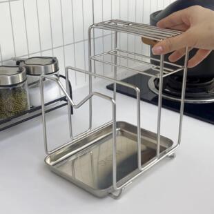 加厚304不锈钢刀架厨房切菜板砧板收纳层架带接水盘锅盖沥水置物