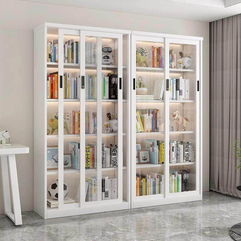 家用钢制书架推拉门防尘玻璃书柜带锁展示柜落地收纳储物柜
