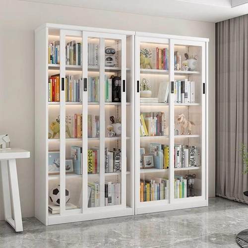 家用钢制书架推拉门防尘玻璃书柜带锁展示柜落地收纳储物柜
