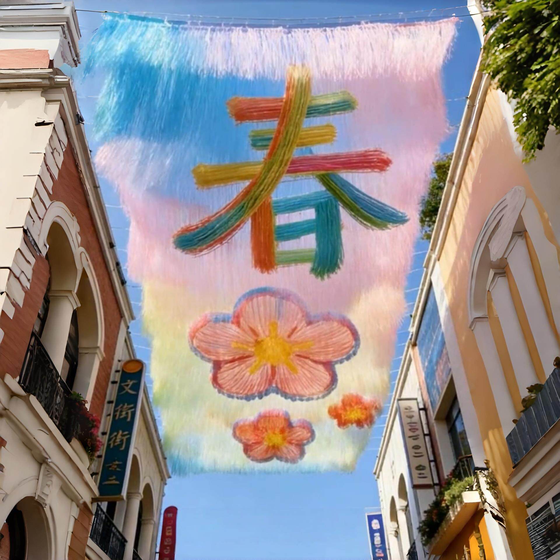 雨丝帘风动天幕花朵文字定制镭射炫彩空中花海吊饰商业街遮阳美陈