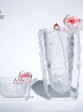 高端琉璃莲花非遗古法琉璃花瓶烛台桌面装饰工艺品摆饰搬新家礼物