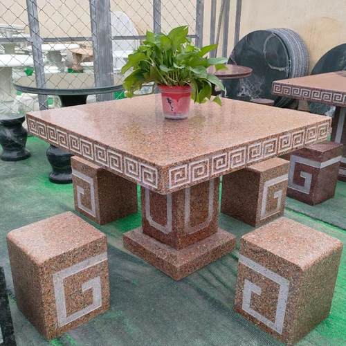 家用石雕晚霞红石桌别墅庭院方桌凳花岗岩花架桌户外茶台石桌石凳