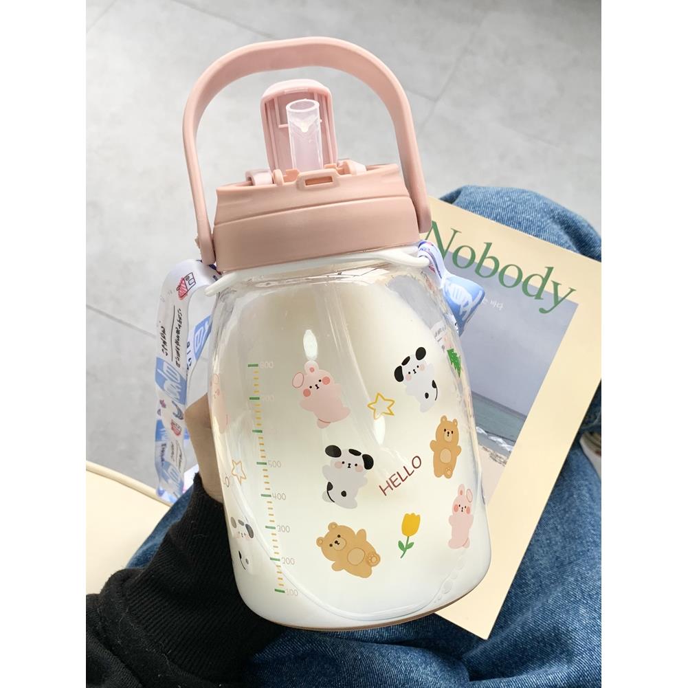 高级感双饮大容量玻璃水杯孕产妇可爱ins吸管杯1000ml大肚刻度杯