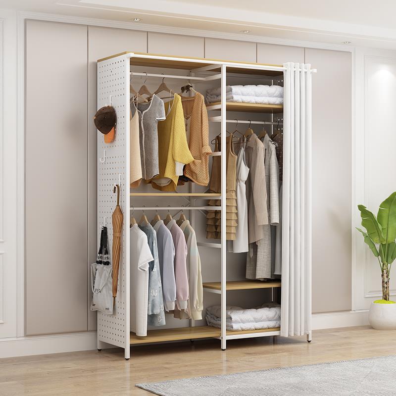 实木生态板开放式钢架金属洞洞板防尘罩帘落地衣帽架长短款挂衣柜