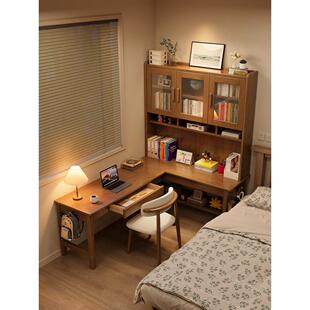 实木转角书桌书架一体书柜组合学生L型学习桌靠墙拐角电脑桌家用