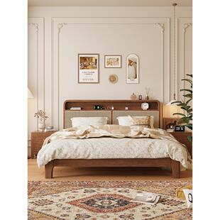 斯堪 覆古胡桃色中世纪风 纳维亚实木藤床主卧室1.8米双人床法式