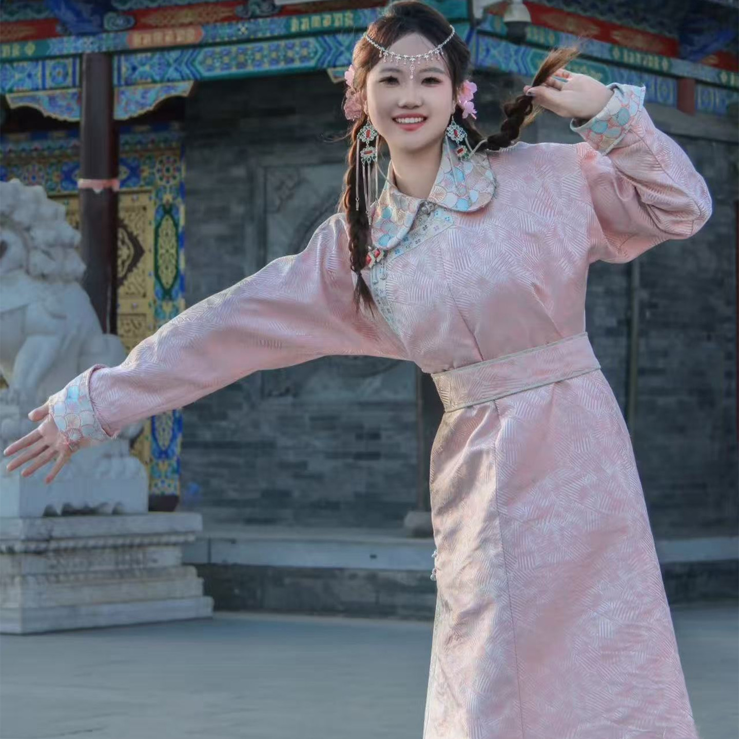 蒙古袍女款少女粉蒙古族长袍