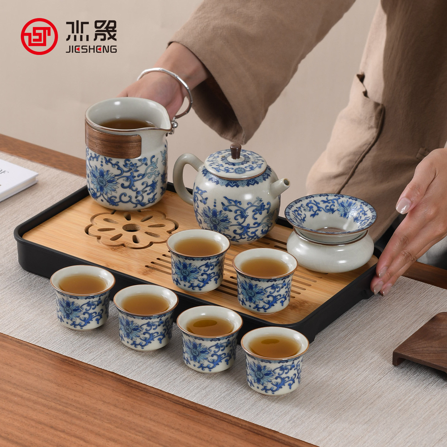 杰晟汝窑旅行茶具套装家用茶盘盖碗茶壶功夫茶杯户外露营便携式图片