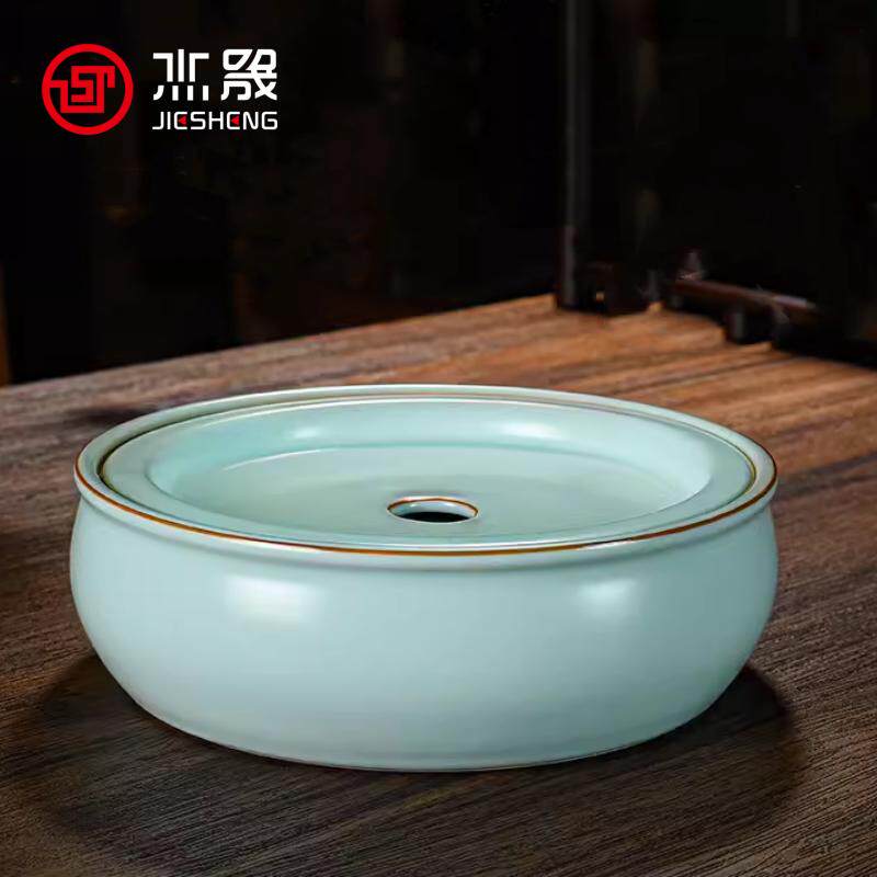 杰晟天青汝窑圆形干泡台茶盘图片