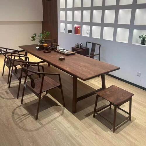 新中式北美黑胡桃木大板茶桌 宋式美学办公室会议桌茶台实木家具