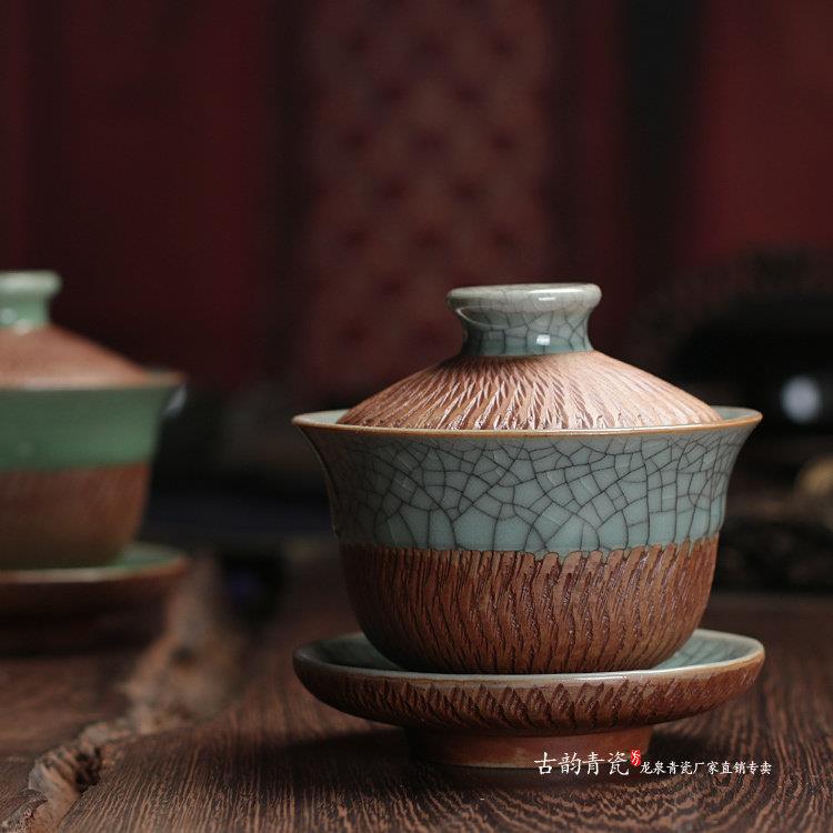 青瓷盖碗茶杯大号单个跳刀复古茶碗陶瓷功夫茶具三才盖碗哥窑防烫