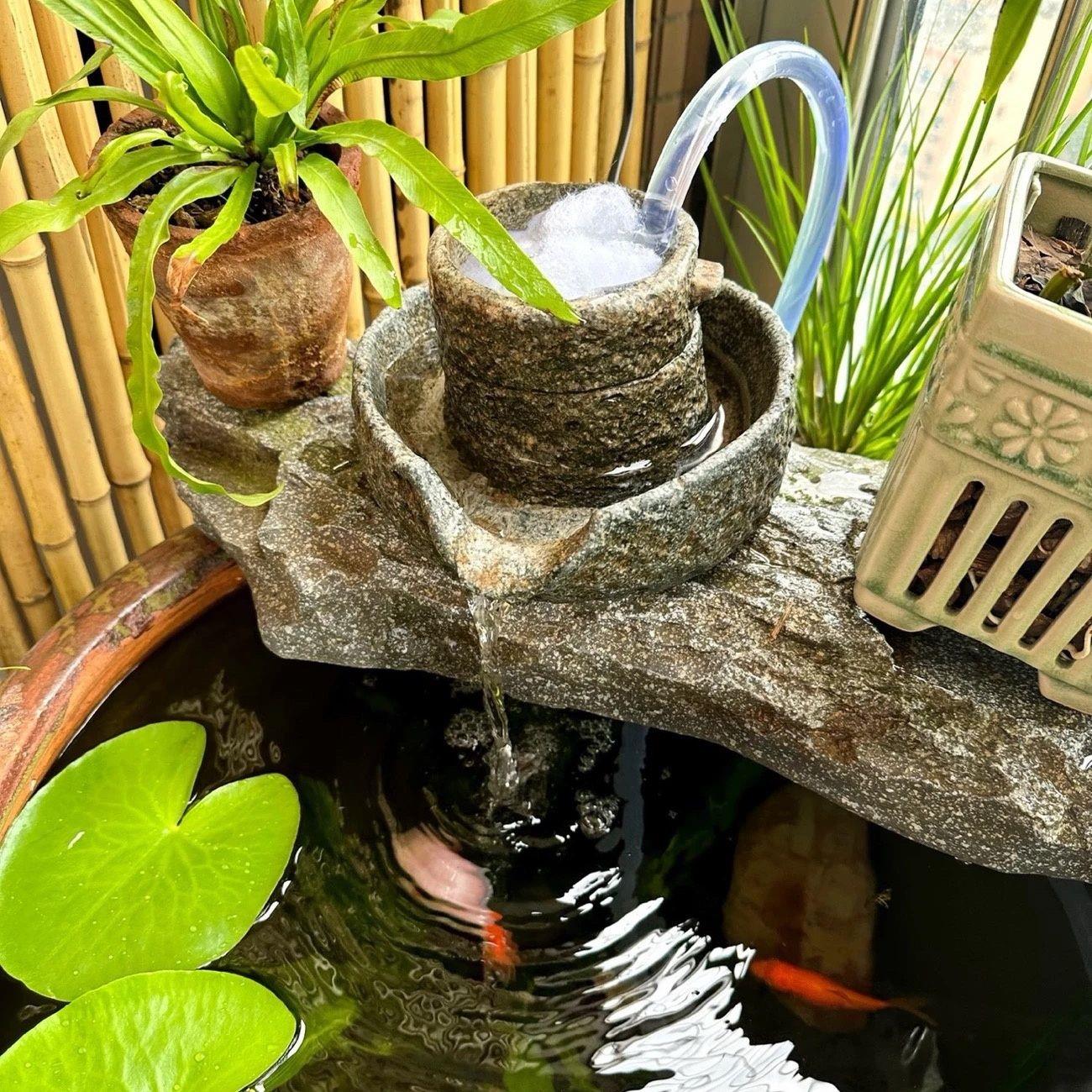 缸盆养鱼流水摆件招财流水摆件客厅水循环-小石磨水培庭院茶古法