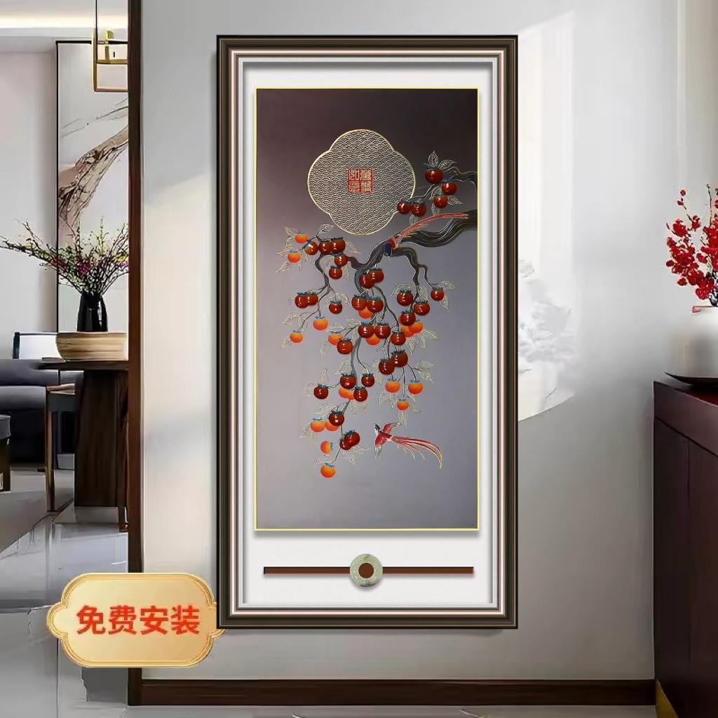 黄铜板手工雕刻装饰画玄关走廊新中式非遗铜镶玉竖版事事如意挂画
