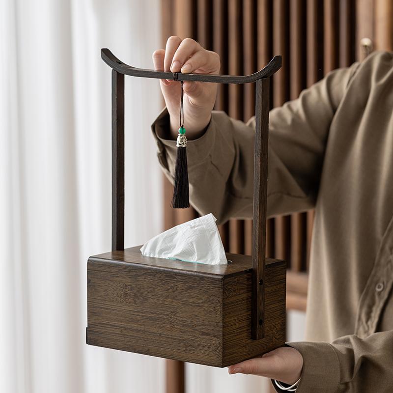 竹木纸巾盒客厅桌面茶室高级多功能商用古风茶几遥控器纸巾收纳盒