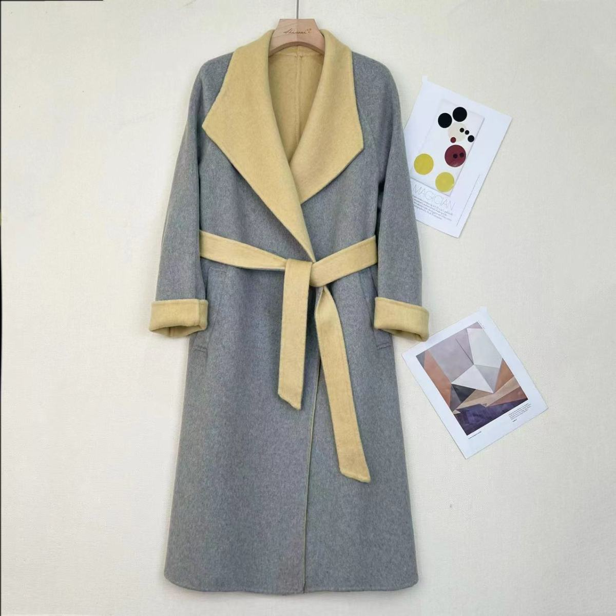 米莱黛格2025冬季新款翻领系腰带中长款毛呢大衣百搭外套28832