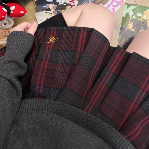 原创刺绣红黑格jk格裙春秋冬长裙