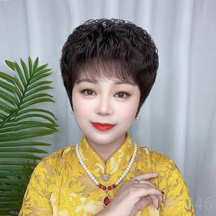 短卷发女发士全头套自然老假 高档假发短真发全真女人发中年妈妈款