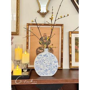 契阔家居东方巴黎青花瓷系列白色复古陶瓷花瓶新中式玄关插花摆件