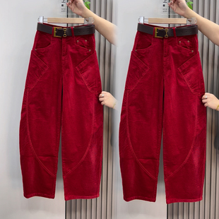 欧货秋冬灯芯绒休闲宽松弯刀女裤高腰显瘦韩范儿简约高端直筒长裤