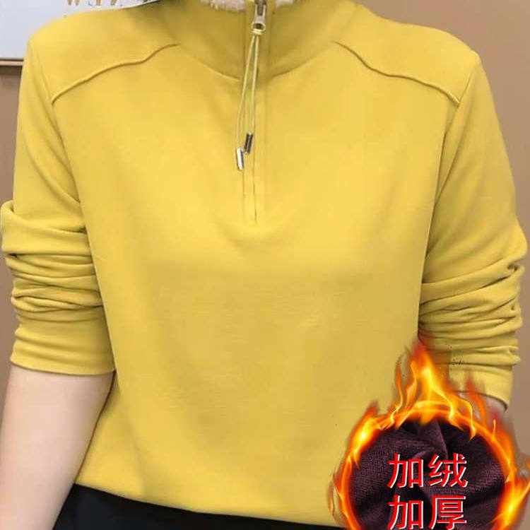 冬季新款宽松保暖加绒上衣服洋气打底衫中老年时尚女装长袖t恤衫