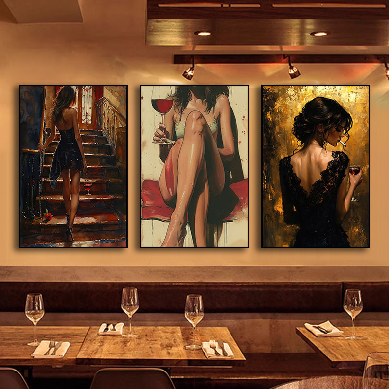 酒吧KTV包厢挂画创意美式复古西餐厅壁画酒馆清吧红酒美女装饰画