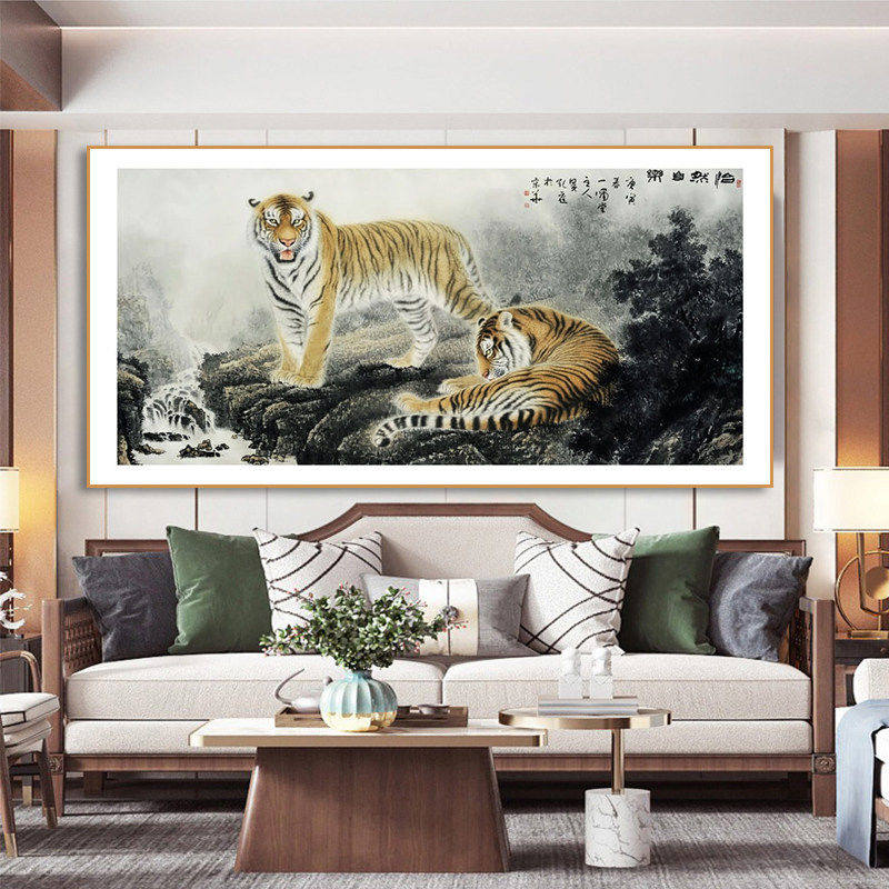 新中式老虎装饰画卧虎国画客厅五福图挂画上山虎下山虎猛虎图壁画