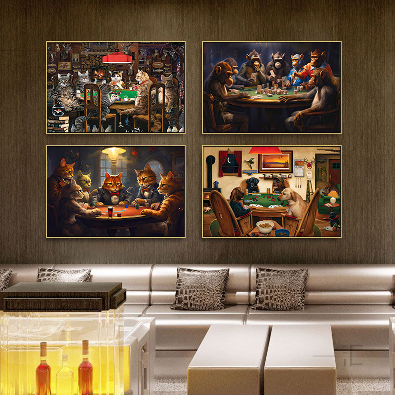 棋牌室装饰画狗狗party德州扑克牌挂画赌场麻将桌游娱乐会所壁画