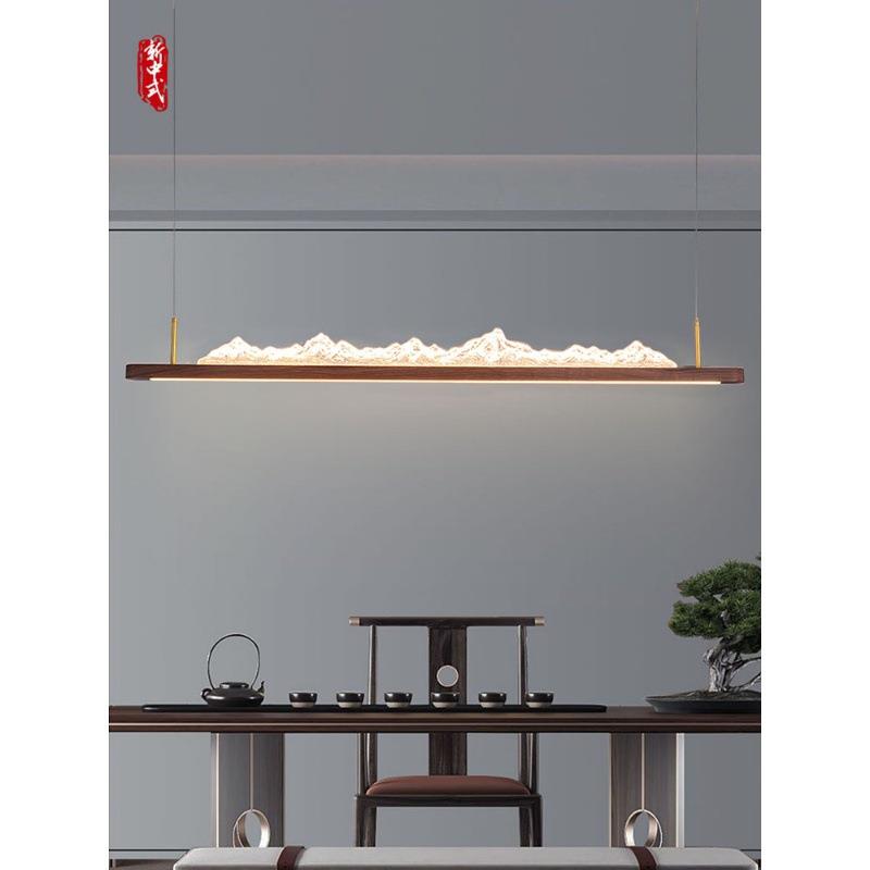 新中式茶室吊灯北美黑胡桃木吧台茶桌灯一字长条灯餐厅灯中山灯具