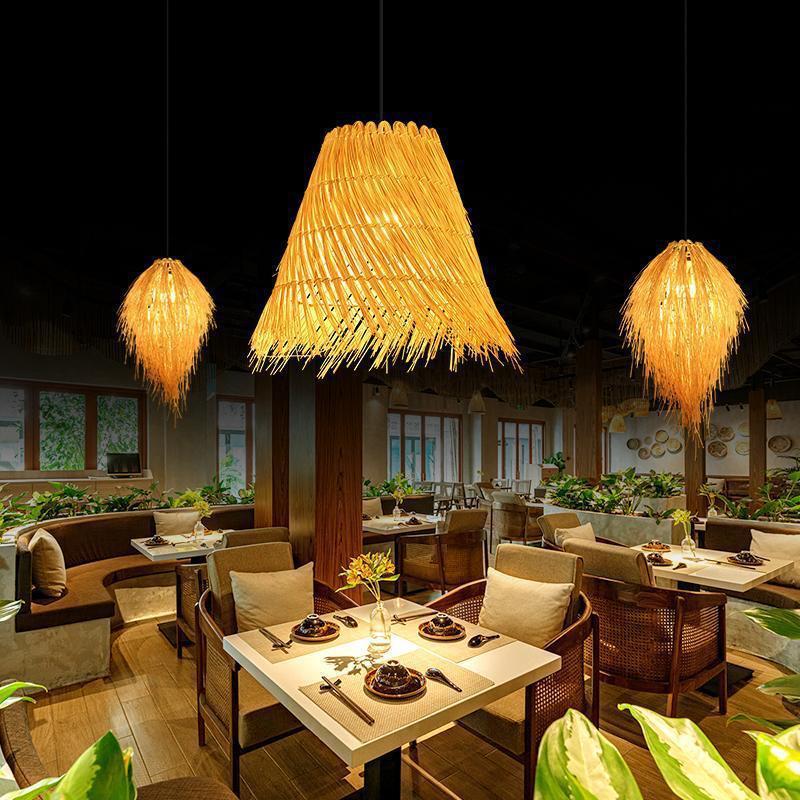 藤编复古吊灯餐厅民宿藤艺鸟巢灯日式饭店餐馆草帽灯罩竹艺竹编灯
