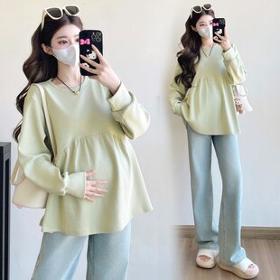 时尚 秋装 简约休闲长袖 上衣宽松大码 秋季 怀孕娃娃衫 纯色卫衣孕妇装