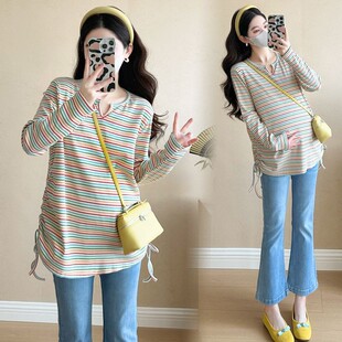 宽松时尚 春秋大码 孕妇装 T恤女韩版 显瘦休闲孕妇上衣 胖mm条纹长袖