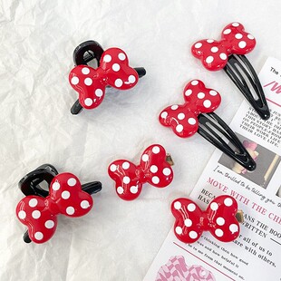 经典 红色波点蝴蝶结抓夹可爱发夹前额碎发刘海夹侧边bb夹边夹饰品