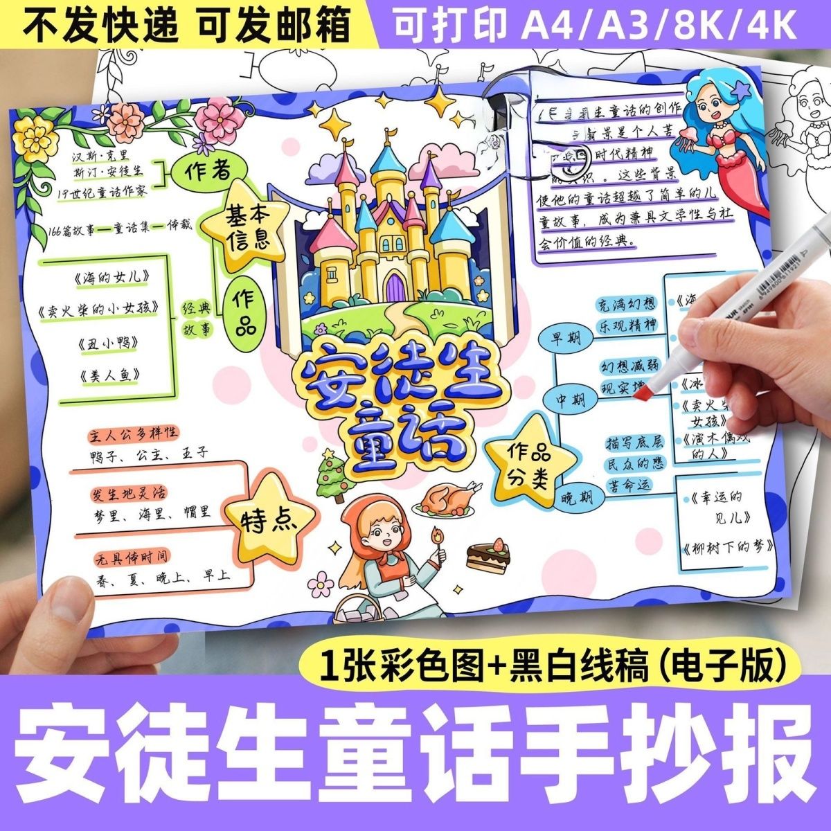 安徒生童话手抄报童话故事模板电子版小学生小报格林童话线稿a3a4