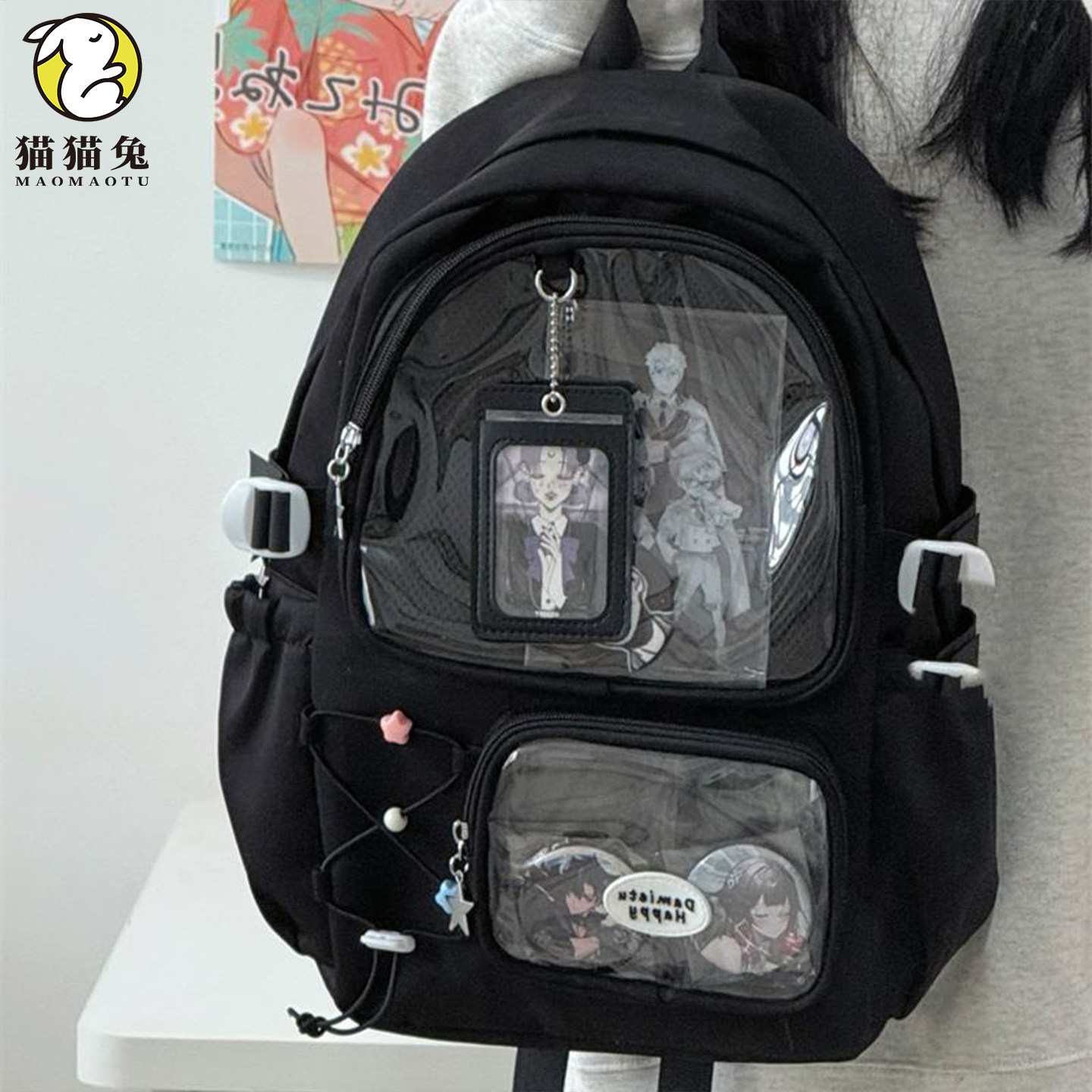 黑色痛包双肩包女生高颜值大容量图片