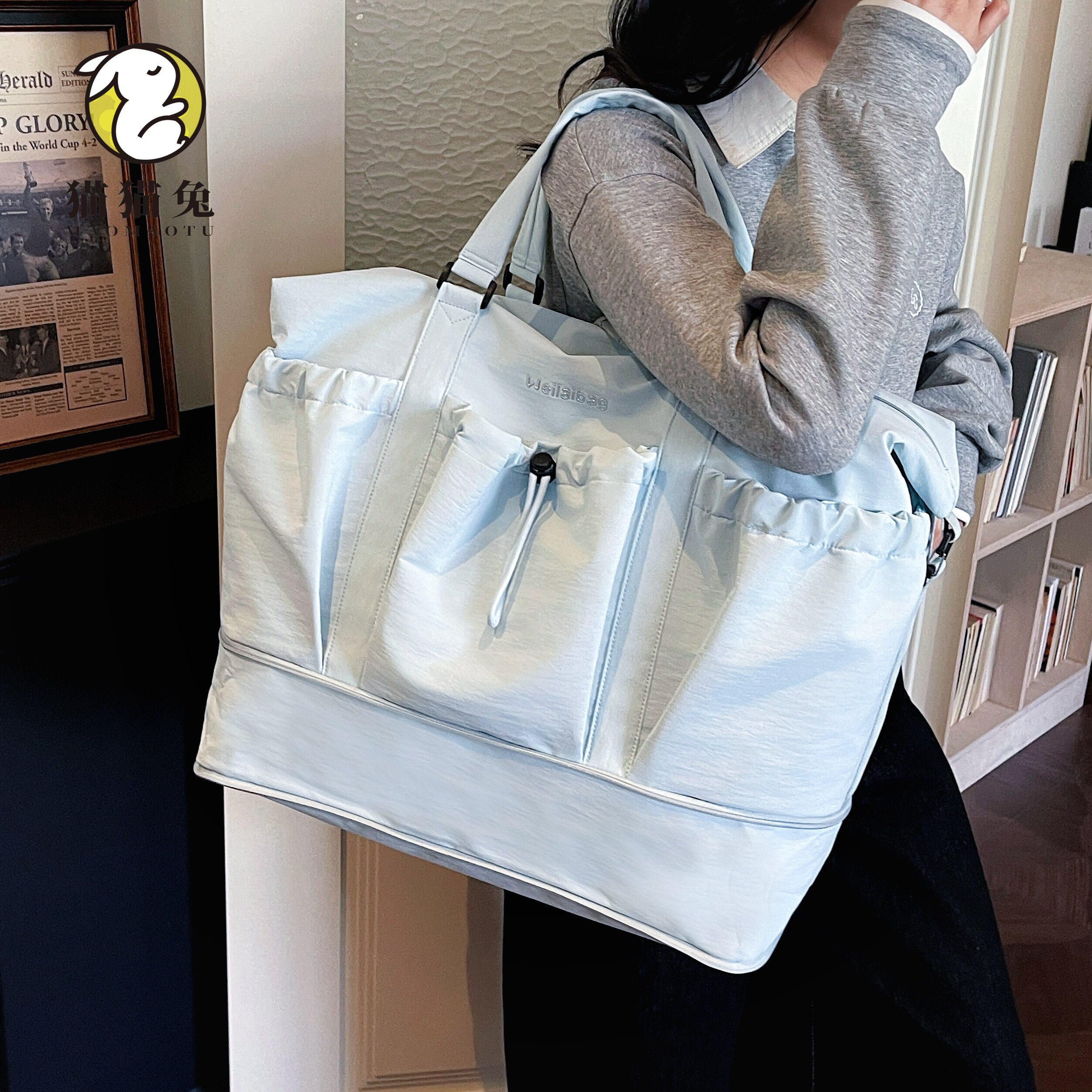 蓝色游泳健身包女款轻便干湿分离大容量短途旅行包手提出差行李袋