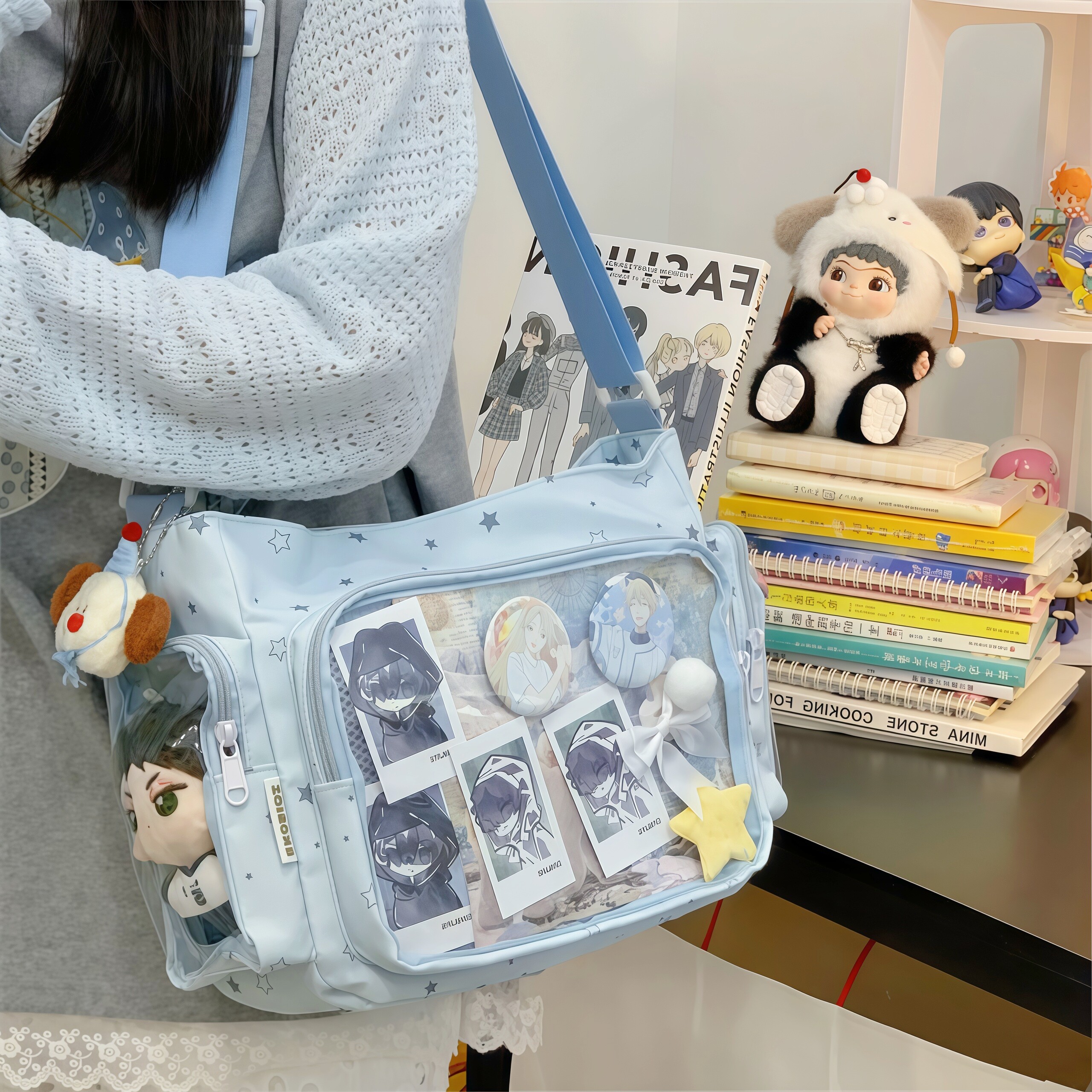 蓝色痛包初中生女生包包学生高颜值大容量透明斜挎单肩通勤挎包女