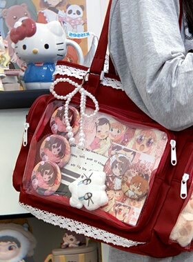 红色系痛包女斜挎包包二次元大容量送扎板可放吧唧娃包单肩挎包红