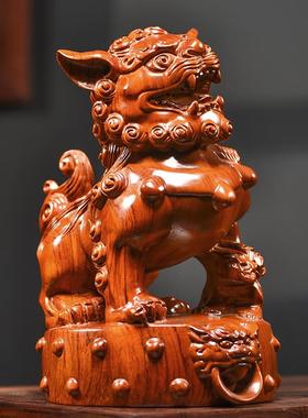 实木雕站鼓狮子摆件一对镇宅招财家居客厅玄关乔迁新居工艺品送礼