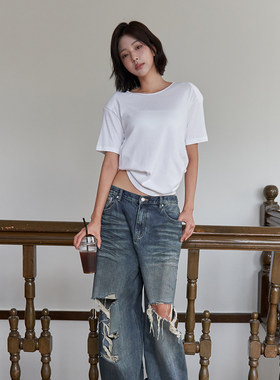 THE COLLECTORS韩国正品langer纯色百搭宽领短袖T恤2025夏新款