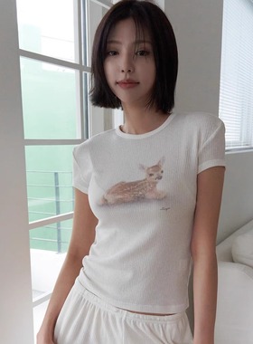 THE COLLECTORS韩国正品langer小鹿印花修身短T恤2025夏新款上衣