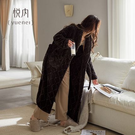 悦内睡袍女睡衣h秋冬款冬季珊瑚绒加厚加绒法兰绒保暖大码长款浴