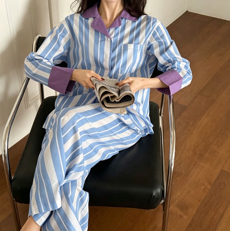 甜美风条纹衬衫领睡衣女春秋长袖家居服套装高级感