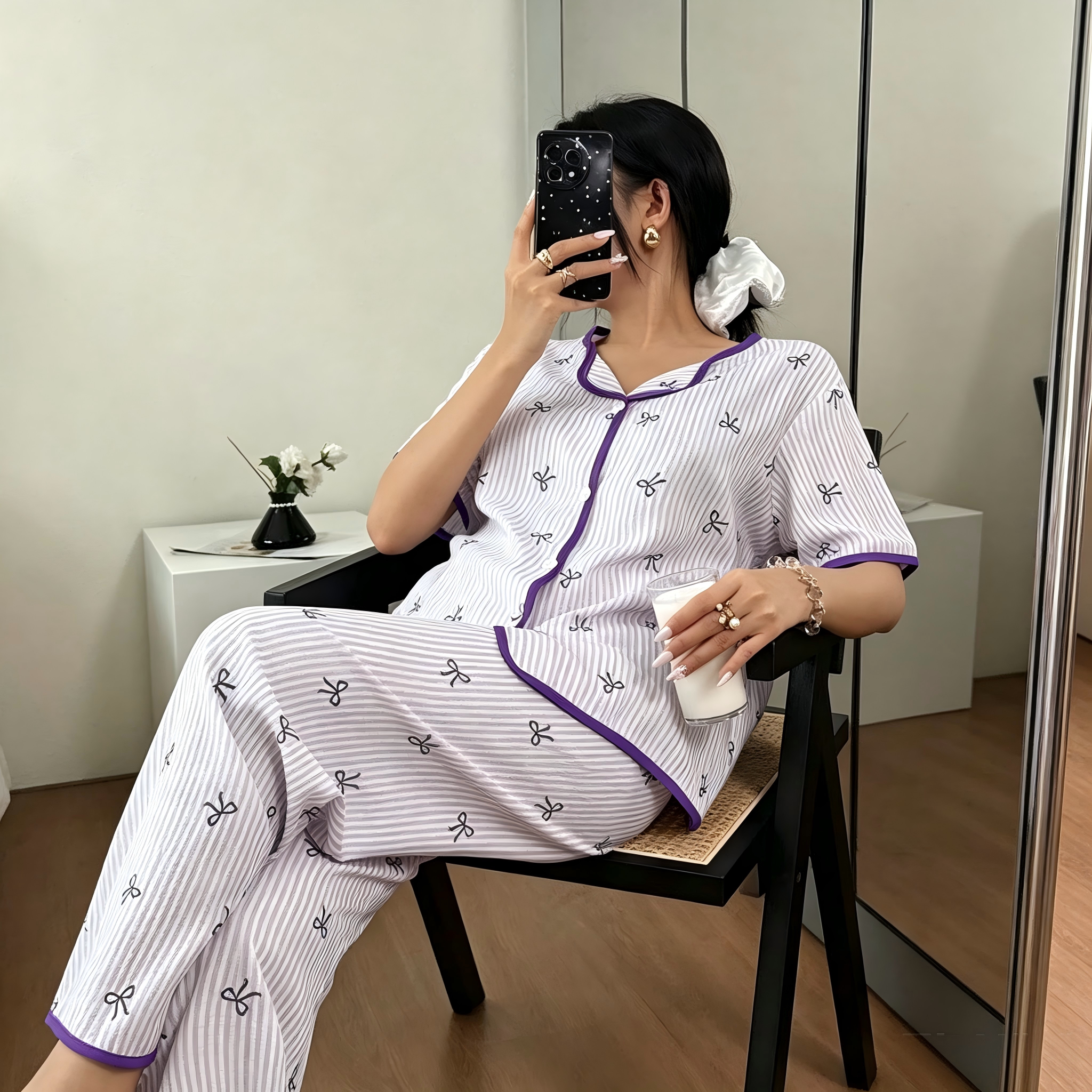 亦露妙甜美少女风紫色条纹蝴蝶结睡衣女夏季短袖家居服套装可外穿