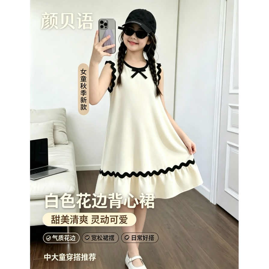 羽仙祺女童纯棉荷叶边显瘦背心裙